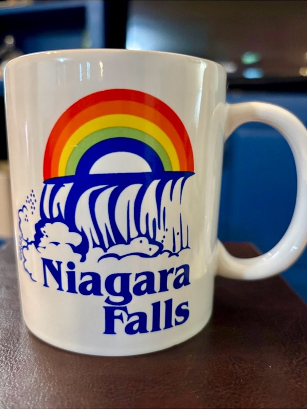 Niagara Falls White Ceramic Mug cup with Rainbow Design, waterfall graphic